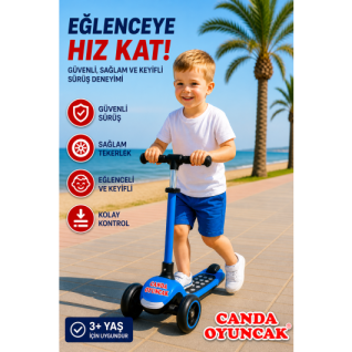 CANDA OYUNCAK 3 Tekerlekli Işıklı Ayarlanabilir Direksiyonlu Çocuk Scooter - Mavi  3+ Yaş , 50 Kg Kapasiteli